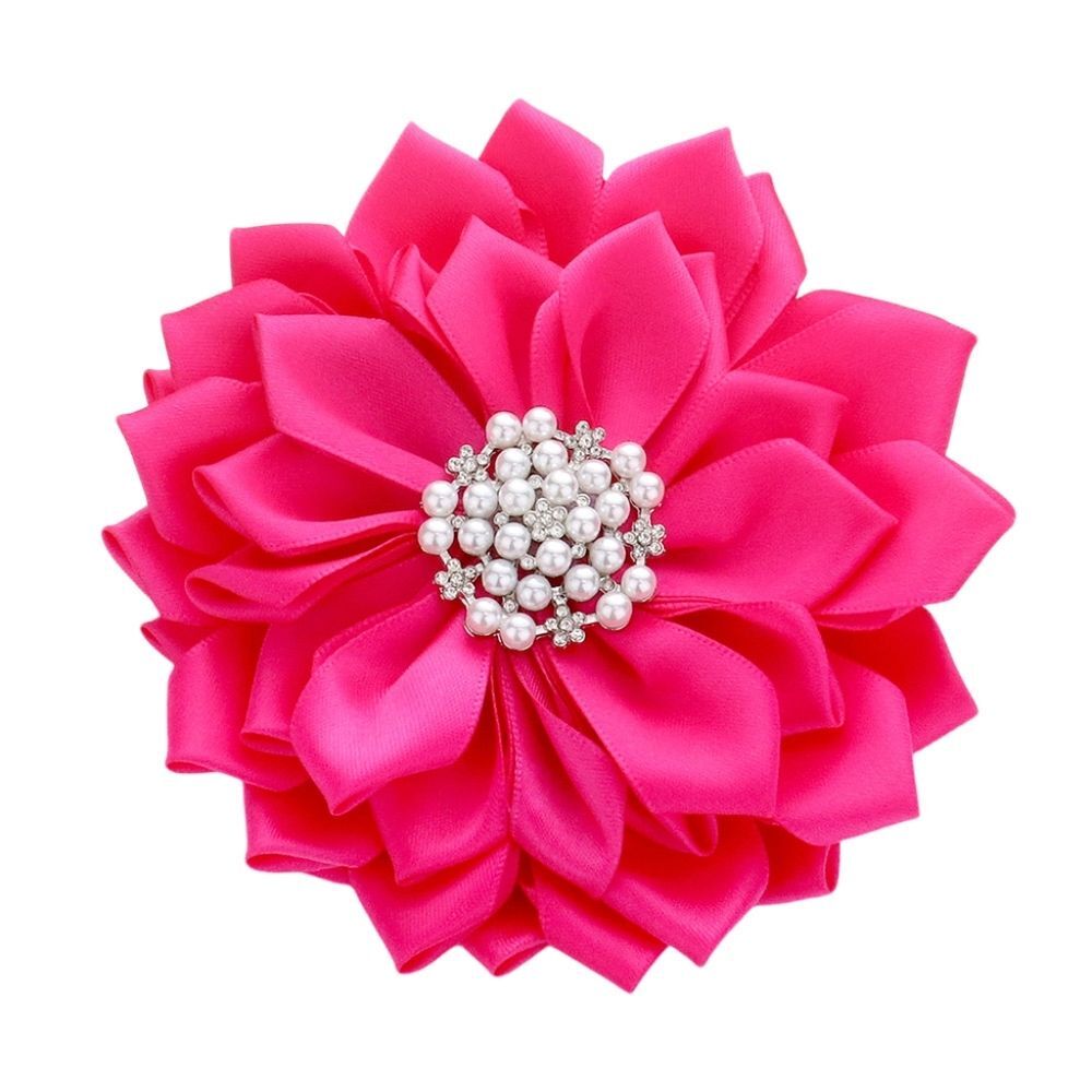 Pink Pearl Flower Brooch 5 Inch Ribbon Pendant Pin Hairpin Statement Accessory